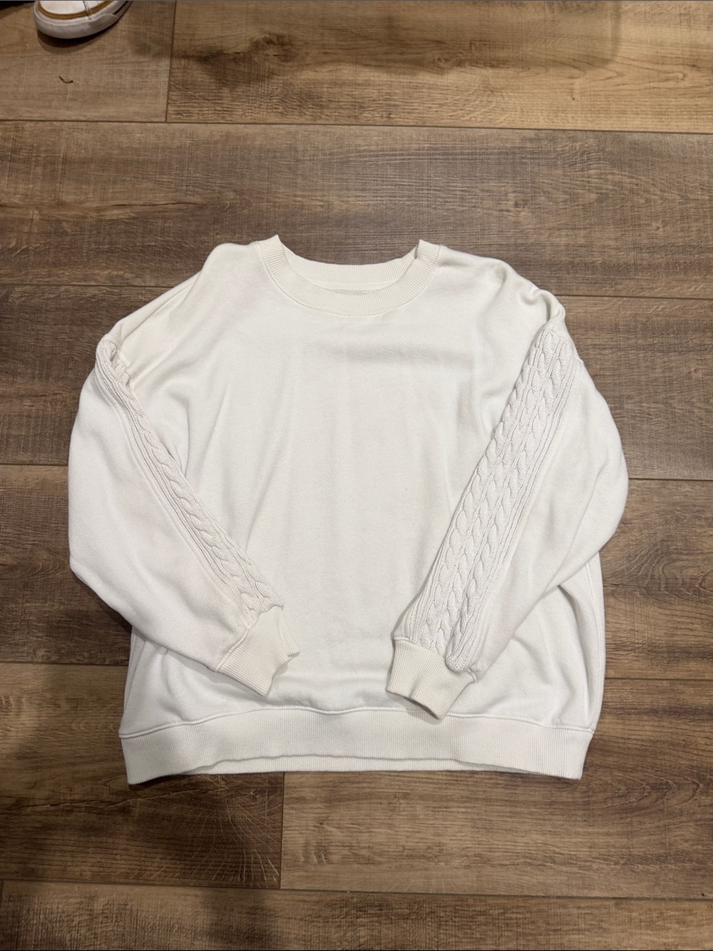 aerie Cream Crewneck Sweater with Cable Sleeve Detail
